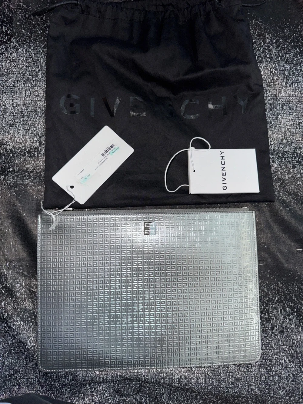 Givenchy Silver Metallic Embossed Logo Clutch